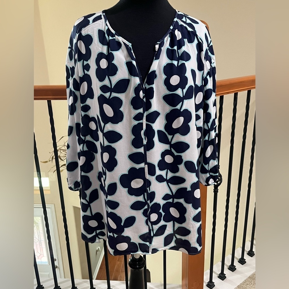 STYLUS Navy and Aqua Patterned Blouse/ TUNIC QUARTER SLEEVES WOMEN SIZE XL